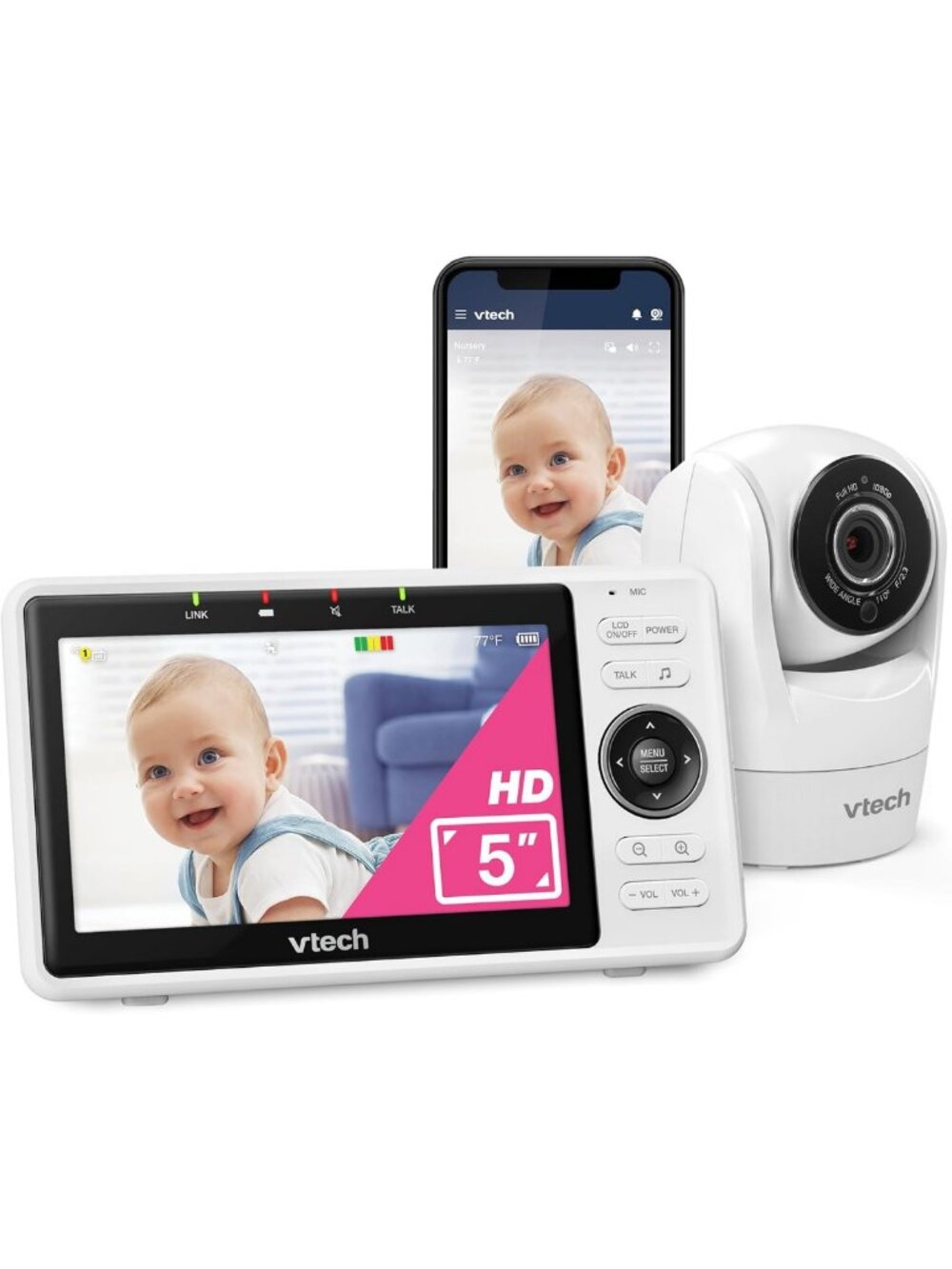 Smart WiFi Baby Monitor with 1080p Camera, 5" Screen, Night Vision & Two-Way